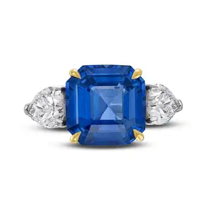 14K 18K Pure Gold Jewelry Classic Style Gemstone Asscher Cut Blue Sapphire Diamond Three Stone Ring for Women