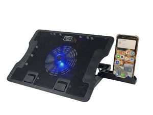Support de refroidissement pour ordinateur portable, ventilateur unique, LED bleue, refroidissement par air, en plastique, hauteur réglable, avec support pour téléphone - Product Image 1