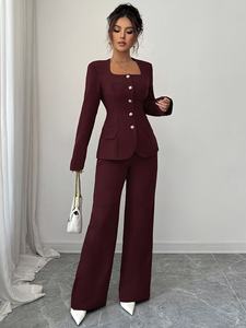 Elegante Completo Bordeaux da Donna: Stile Semplice con Pantaloni Lunghi e Scollo Quadrato a Maniche Lunghe, Tessuto Intrecciato, <span class=keywords><strong>Look</strong></span> Casual Primaverile - Product Image 3