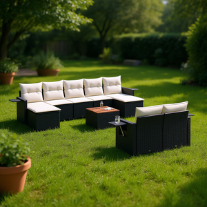 Ensemble de canapés de jardin contemporains noirs avec coussins crème en rotin PE, design imperméable - Product Image 2