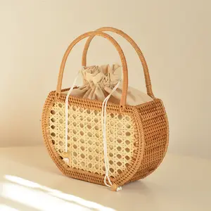 Homemade Women French Style Rattan Handle Shopping Rattan Bamboo Basket Bag Vietnam Rattan Bags From Bali Indonesia