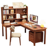 Bureau en L moderne en forme de 7 avec étagère intégrée, table d'écriture d'angle en bois massif pour petits appartements, utilisation optimale de l'espace