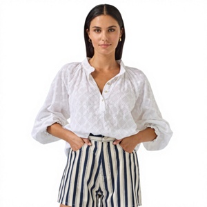 Women's <strong>White</strong> Textured <strong>Long</strong> <strong>Sleeve</strong> Blouse with Puff <strong>Sleeves</strong> &amp; Stand Collar French Style Casual <strong>Top</strong> - Product Image 3