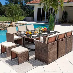 Ensemble de salle à manger en rotin moderne, Patio extérieur, meubles en osier, table de jardin et chaises