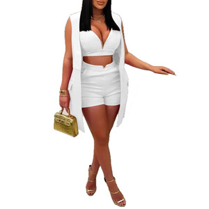 Elegante Conjunto de Tres Piezas para Mujer, Chaleco de Color Sólido, Chaqueta con Cuello Camisero, Pantalones Cortos, Moda - Product Image 2