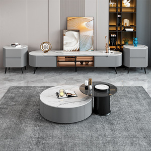 Set di Tavolini da Salotto Moderni ed Ecologici, Tavoli Rotondi <span class=keywords><strong>in</strong></span> Lastra di Roccia con Accenti <span class=keywords><strong>in</strong></span> Legno, <span class=keywords><strong>Arredamento</strong></span> per la Casa - Product Image 2