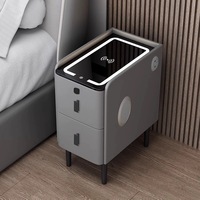Table de chevet multifonctionnelle intelligente nordique avec chargeur sans fil sécurisé, mini-meuble, lumière audio, table de chevet étroite et fine en cuir