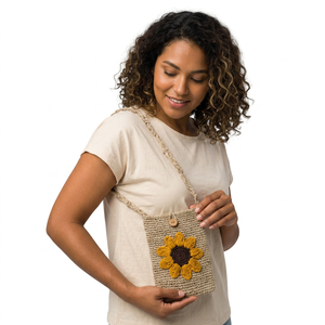 Handmade Crochet Bohemian Lady Summer Mini Crossbody Shoulder <b>Bag</b> Fashionable Sunflower Design Vegan Sustainable Portable - Product Image 1