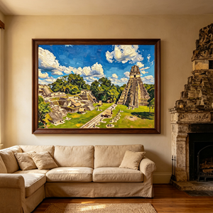Pintura al Óleo Art Deco sobre Lienzo que Representa las Antiguas Ruinas <span class=keywords><strong>de</strong></span> <span class=keywords><strong>Tikal</strong></span>, <span class=keywords><strong>Guatemala</strong></span>. La selva tropical rodea los templos <span class=keywords><strong>de</strong></span> piedra mayas, y la luz del sol se desvanece. - Product Image 6