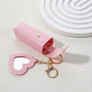 Custom Logo Lipstick Sleeve Pouch Elastic Lip Balm Organizer Holder PU Leather Potable Lipstick Holder <b>Key</b> <b>Chain</b> with Mirror - Product Image 3