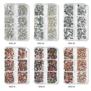 Grosir Kit Berlian Imitasi Kuku 6 Kotak Kristal AB Bulat 3D untuk Kuku dan Berlian Imitasi Kaca Multi Bentuk dan Berlian Kuku