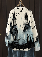 Pull à col rond pour femme, imprimé château hanté, fantômes et chauves-souris, avec transfert thermique, personnalisé, décontracté, pour tous les jours et les fêtes