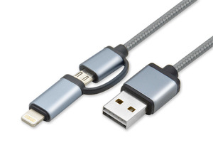 Cavo di Ricarica e Sincronizzazione Dati 2 in 1 <span class=keywords><strong>USB</strong></span> A a <span class=keywords><strong>Micro</strong></span> <span class=keywords><strong>USB</strong></span> e <span class=keywords><strong>iPhone</strong></span> 8 Pin, Intrecciato in Nylon, con Logo Personalizzato per Telefoni Cellulari - Product Image 1