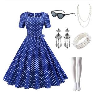 Vestido de Fiesta Retro de los Años 50 y 60 con Estampado de Lunares Azules para Mujer, Estilo Vintage, Swing, Pin Up, Rockabilly - Product Image 5