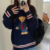 Suéter de punto con bordado de oso lindo estilo universitario OEM, jersey holgado de cuello redondo y manga larga para estudiantes.