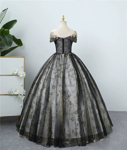 Robe de soirée bleue avec appliques en dentelle, épaules dénudées, longueur au sol, coupe trapèze, style princesse, pour fêtes et banquets - Product Image 6