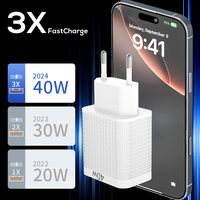 Chargeur mural double USB-C 40W, prise EU/UK, chargeur rapide, bloc d'alimentation PD QC Type C et USB A pour iPhone 16 15 Samsung