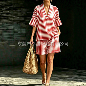 Ensemble de costume décontracté rayé pour femmes, col en V, coupe ample, short, mode streetwear d'été, SMLXLXXLXXXL, bleu, rouge, jaune, vert, rose, noir - Product Image 5