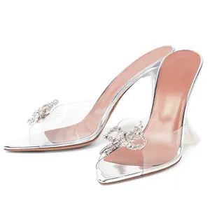 Sepatu pesta seksi sandal kaca kristal bening berlian imitasi busur ukuran 14 desainer kaca tinggi berlian hak untuk wanita