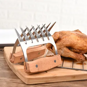 चिकन पोर्क बीफ बीबीक्यू मांस श्रेडर को काटने के लिए बीबीक्यू सहायक उपकरण लकड़ी के हैंडल स्टेनलेस स्टील बीबीक्यू पोर्क श्रेडर