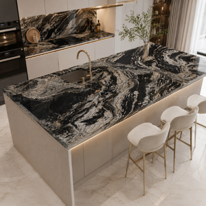 Apariencia Artística Impresionante, Granito Negro Titanio con Vetas Doradas Fluidas, Losa de Piedra Negra Premium, Superficie Elegante para Encimeras - Product Image 2