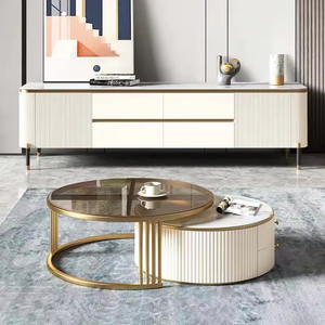 Meubles de salon modernes, table basse en acier inoxydable avec base en or, ensemble deux pièces table basse ronde et <span class=keywords><strong>meuble</strong></span> TV en pierre blanche - Product Image 2