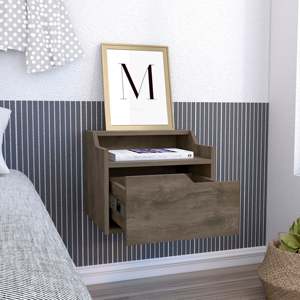 Mesita de Noche Flotante Moderna con un Cajón, Madera Oscura, Dos Niveles, Estante Superior, Mesa Auxiliar Montada en la Pared - Product Image 4