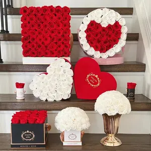 MC1 Decorative Valentines Day Gift Stabilized Immortal Infinity Forever Preserved Roses Preserved Flowers In Round Square Box