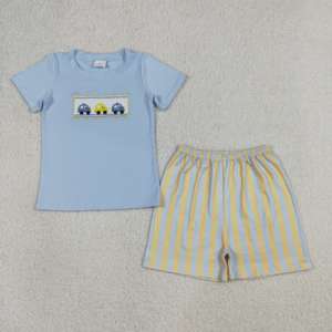 BSSO0617 rts Boutique Ensemble de vêtements brodés pour bébé garçon, bleu, avec voitures, tenues d'été, ensemble en gros - Product Image 2