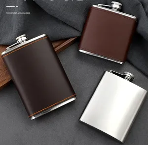7oz Hip Flask 18/8 Stainless Steel With Leather Wrap Or Wood Cover For Whisky Wine Promotion Gift Box Packaging