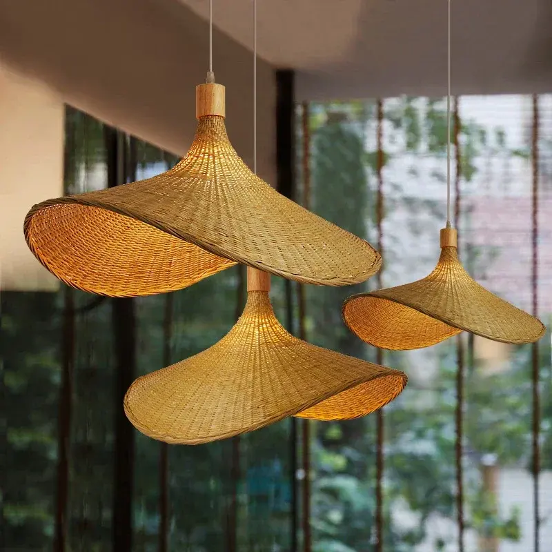 Stro Hoed Vormige Hanglamp Handgemaakte Bamboe Rieten Lampen Voor Het Plafond Vintage Hanglamp Rotan Eetkamer Verlichting