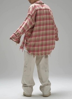 Chemise à carreaux vintage en détresse pour lavage et teinture industriels lourds avec style ample et décontracté-Ins à la mode