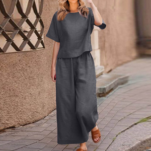 En stock – Nouveauté été 2026 : Ensemble deux pièces femme en coton et lin, t-shirt à manches courtes et pantalon large – Vente en gros - Product Image 6