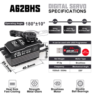 เกียร์เหล็ก AGFRC A62BHS 16KG 0.058s ความเร็วสูง 8.4V HV 180 องศา ดิจิตอล โปรแกรมได้ รถดริฟท์ RC แบบ Low Profile Brushless - Product Image 5