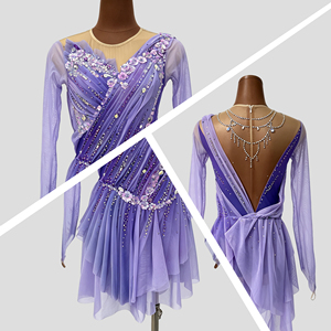 Robe de patinage artistique pour filles, personnalisée, violette, à manches longues, avec fleurs en strass, costume de compétition de patinage sur glace, danse de scène - Product Image 2