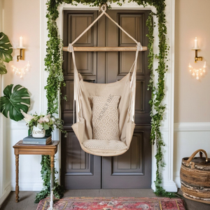 Fauteuil suspendu en coton naturel avec barre en bois, chaise suspendue en macramé, design personnalisé, artisanat d'extérieur - Product Image 1