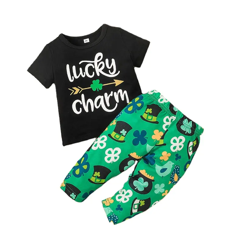 Nieuwe Mode Stijl Kinderkleding Lucky Charm Woord Shamrock Print Design Jongens Outfit Shirt & Broek 2 Stuk Baby Jongens kleding Zomer