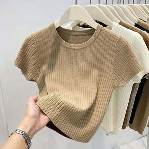T-shirt d'été à col rond de couleur unie T-shirt à manches courtes Femme Slim Short Sweater Top for Ladies - Product Image 1
