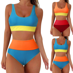 Multicolor Swimsuit Sports Two Piece Swimwear Front Logo Adjustable Straps High Cut Women's High Waist <b>Bikini</b> Eco-Friendly - Product Image 1