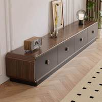 Ensemble console TV et table basse en bois finition noyer rétro avec tiroirs à fermeture douce, coins arrondis et design bicolore pour salon