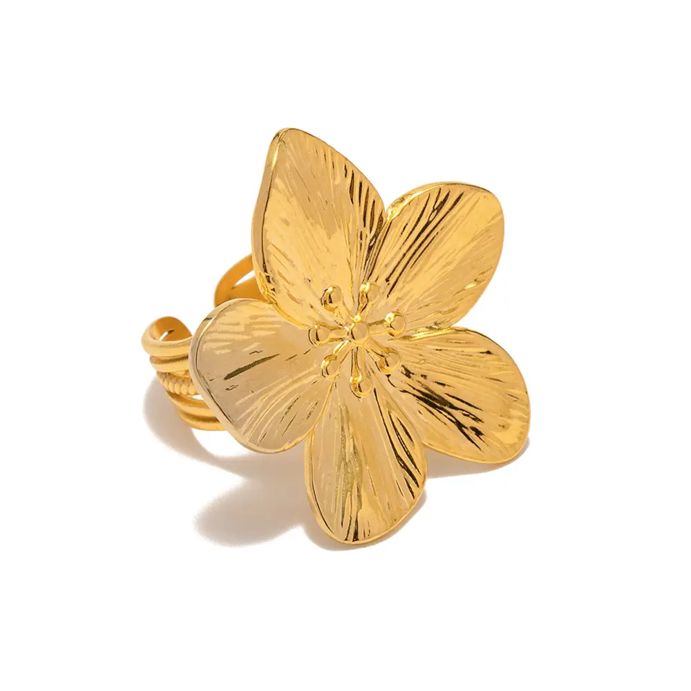 프랑스 궁전 스타일 고급 디자인 매트 레트로 골드 도금 스테인레스 스틸 링 꽃 금속 오픈 링 소녀를위한