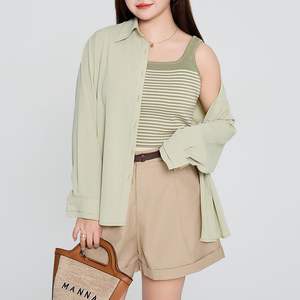 Ensemble chemise Oxford vert menthe pour femme Runqi, tenue décontractée trois pièces respirante à manches longues, haut rayé vert haricot grande taille - Product Image 4