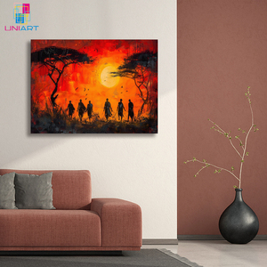 Impresión en Lienzo de Arte Africano UNIART, Pintura al Óleo de Atardecer en la Savana, Arte Tribal Africano, Impresión Moderna en Lienzo para Decoración de Hogar y Oficina - Product Image 1