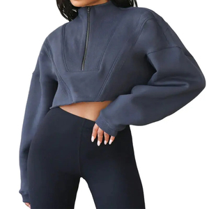 New Style French Terry Cropped Raw Hem Hoodies Mock Neck <strong>Quarter</strong> <strong>Zip</strong> Pullover <strong>Women</strong> Crop <strong>Sweatshirt</strong> - Product Image 5
