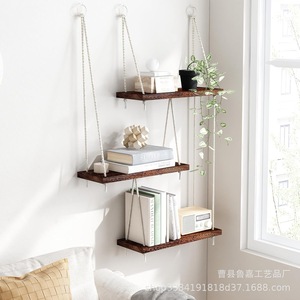 <b>Wall</b> <b>Mounted</b> Three Tier Wooden Floating <b>Shelf</b> With Hanging Rope Storage Rack For Living Room Bedroom Decorative Use - Product Image 1