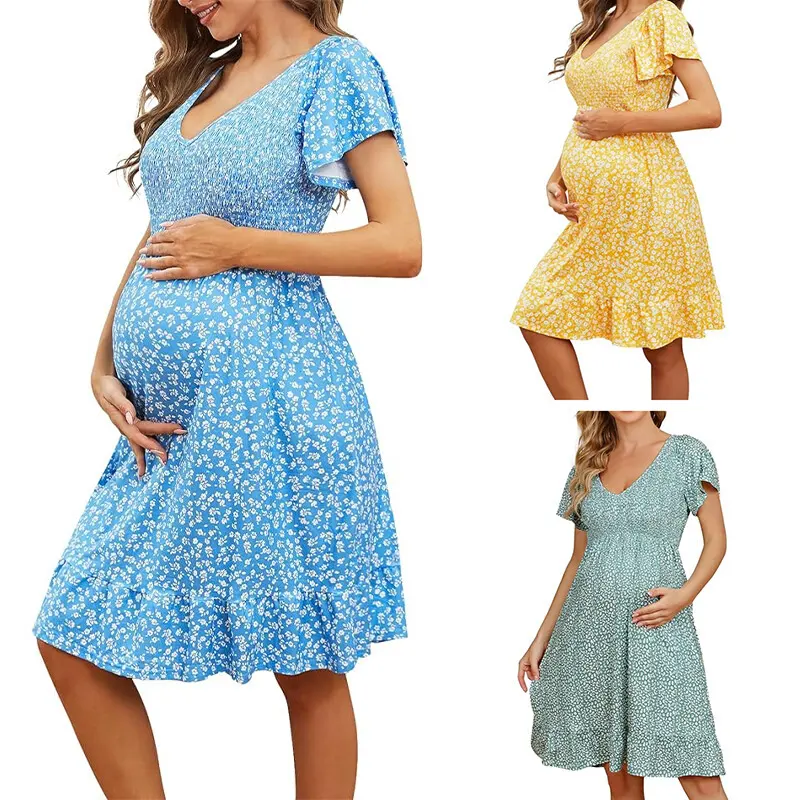 Bahar yaz hamile giyim gevşek rahat rahat v yaka artı boyutu çiçek hamile elbisesi tatil