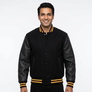 High Quality Men's Black Varsity Jackets Winter <b>Wool</b> Fabric Custom Embroidery Stand Collar Custom CollegeBaseballjacket for men - Product Image 1