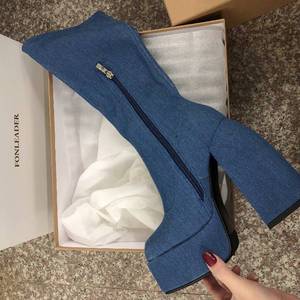 Bottes pour femme, hauteur genou, mi-mollet, talon épais, en jean - Product Image 6