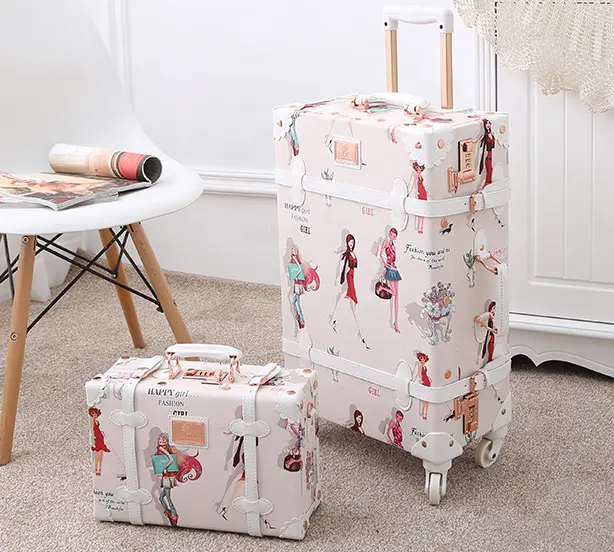 Conjunto de mala de bagagem em couro sintético, novo estilo, conjunto vintage, mala de bagagem, carrinho, mala retrô, para meninas