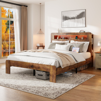 Cadre de lit plateforme en bois moderne avec rangement, tête de lit avec éclairage LED, 2 ports USB, aucun sommier requis, montage facile, taille King/Queen